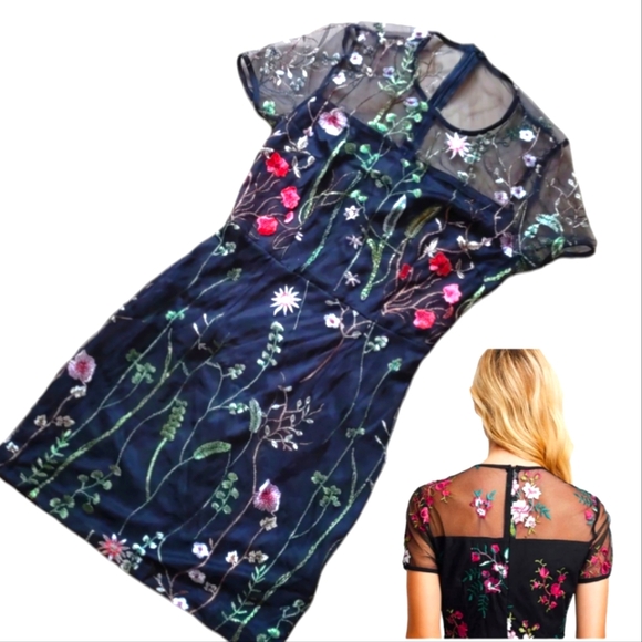 NEW Embroidered Mini Dress, S, black floral, mesh, lined, zip up, formal, sheer - Picture 2 of 16